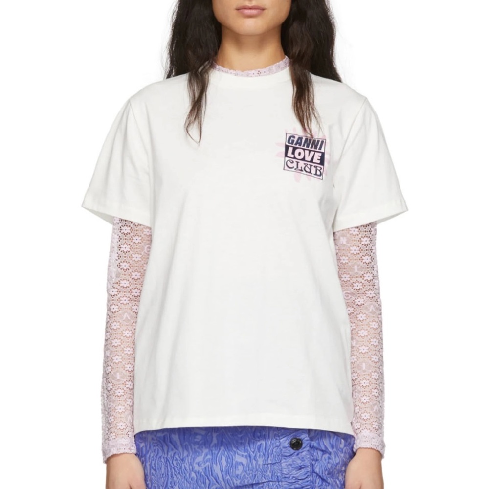 GANNI White 'Love Club' Logo Short Sleeve Tee
